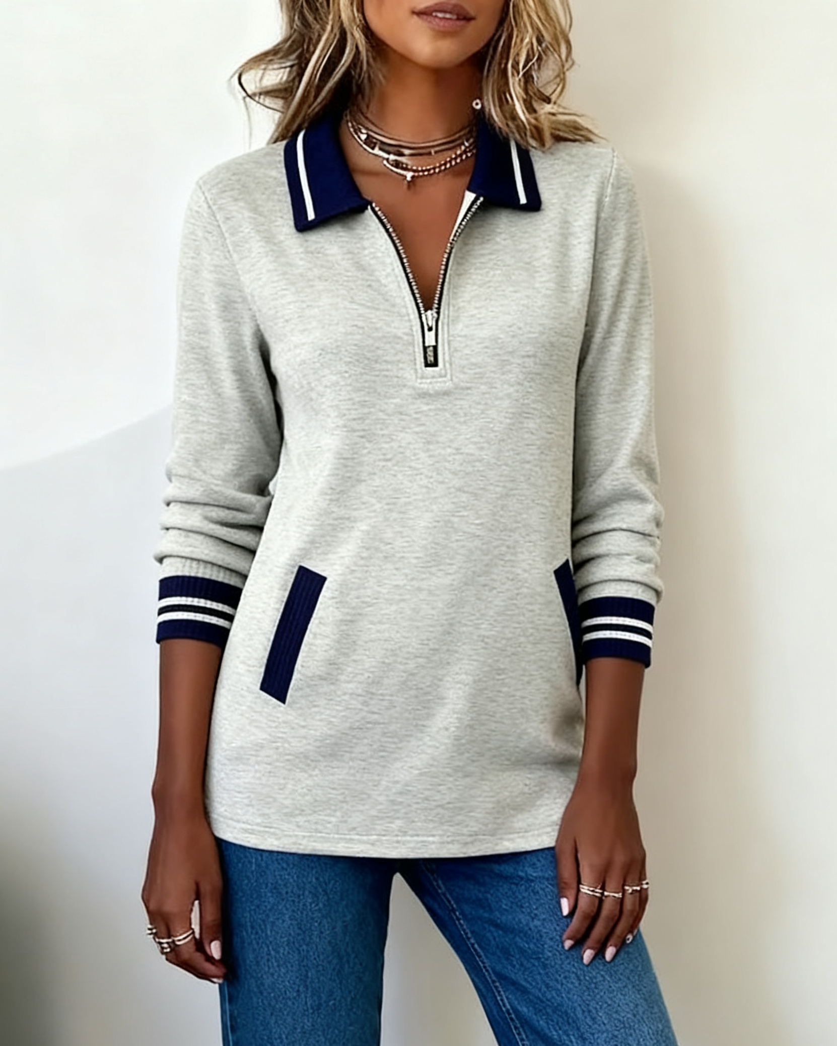 Oversize-Sweatshirt mit Revers, Reißverschluss und Kontrastfarbe
