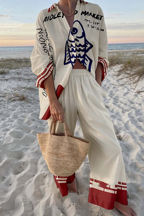 Leinenset | Blauer Fischdruck